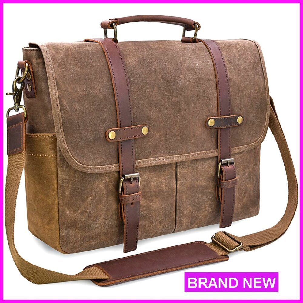 Vintage Leather Canvas Messenger Bag 15.6 Inch Laptop Briefcase Waterproof